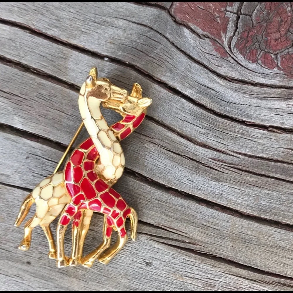Vintage Gold Toned Enamel Entwined Giraffes Pin Brooch Orange Yellow